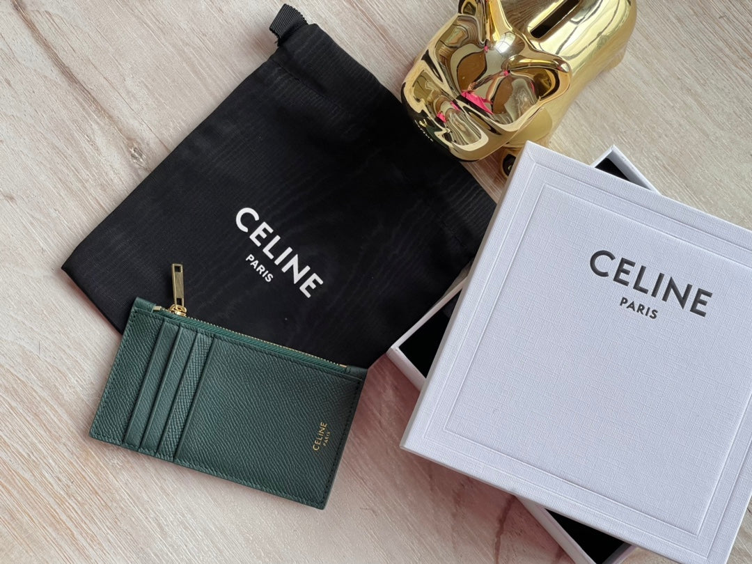 Celine 粒面小牛皮拉鍊卡包-墨綠