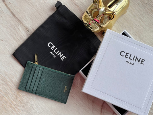 Celine 粒面小牛皮拉鍊卡包-墨綠