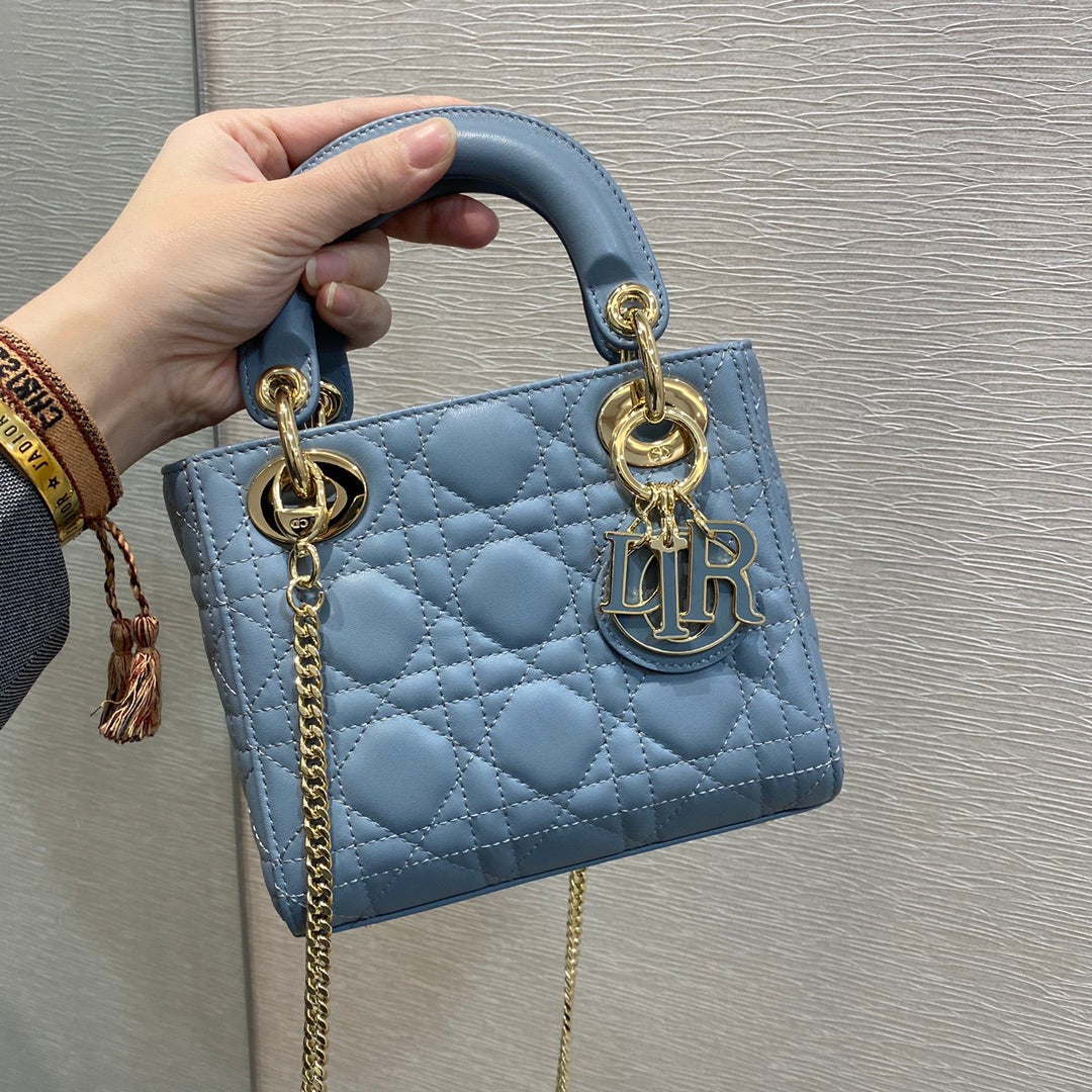 Dior-Mini Lady Dior手袋-三格黛妃-17cm-天藍珐瑯扣