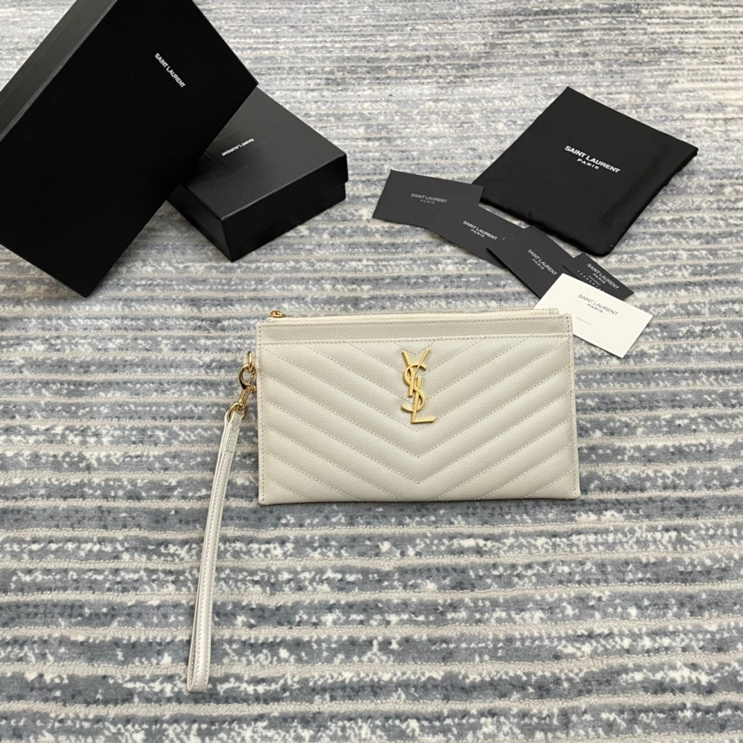 YSL Monogram 手拿包-白山形紋金扣