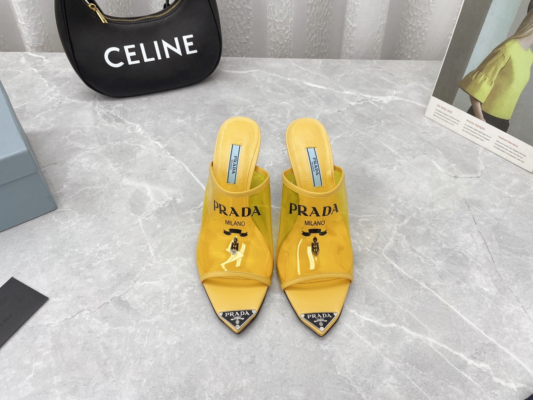 Prada 鞋-Prada 尖頭三角logo 細高跟拖鞋（黃）