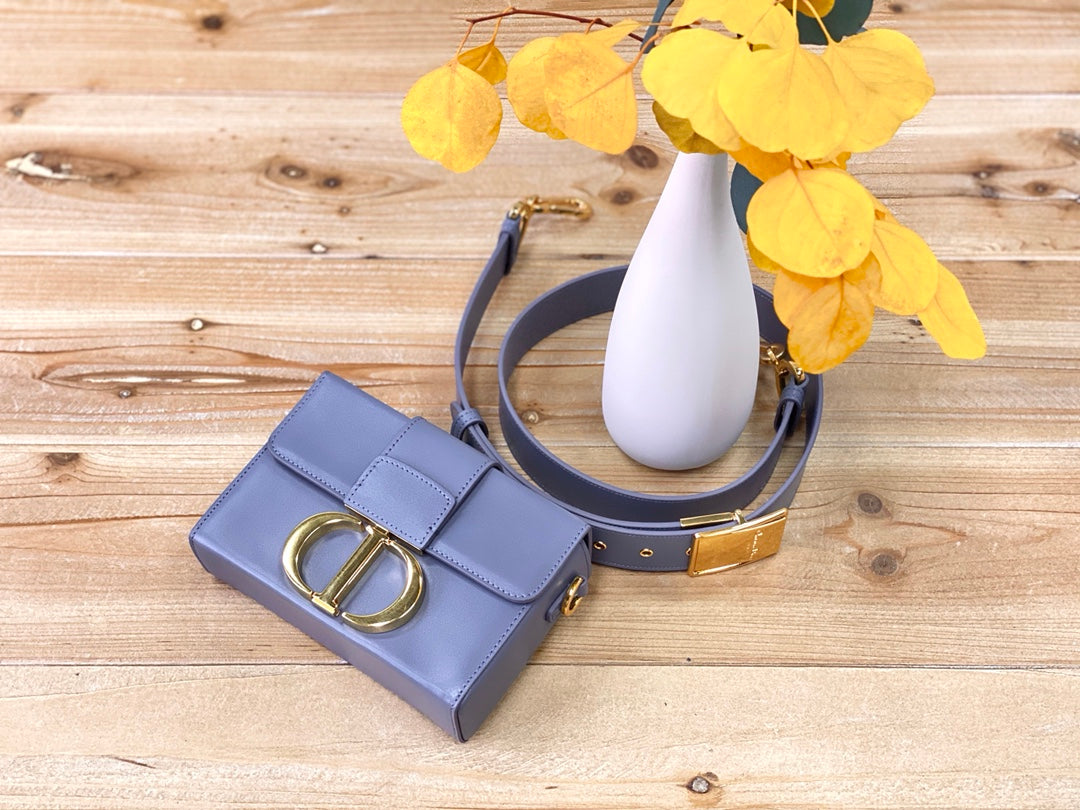 Dior 蒙田 Mini Box-平紋牛皮-金扣-17.5cm-藍色