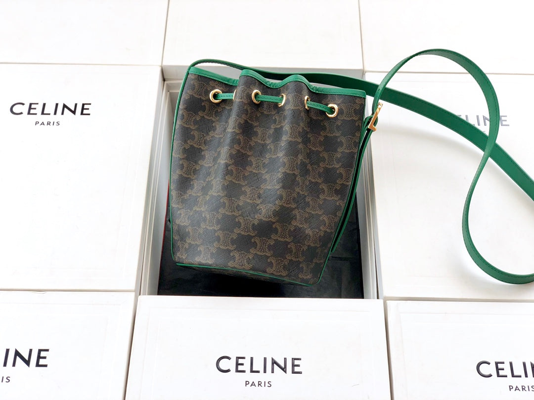 Celine TRIOMPHE帆布小號抽繩包-綠色老花