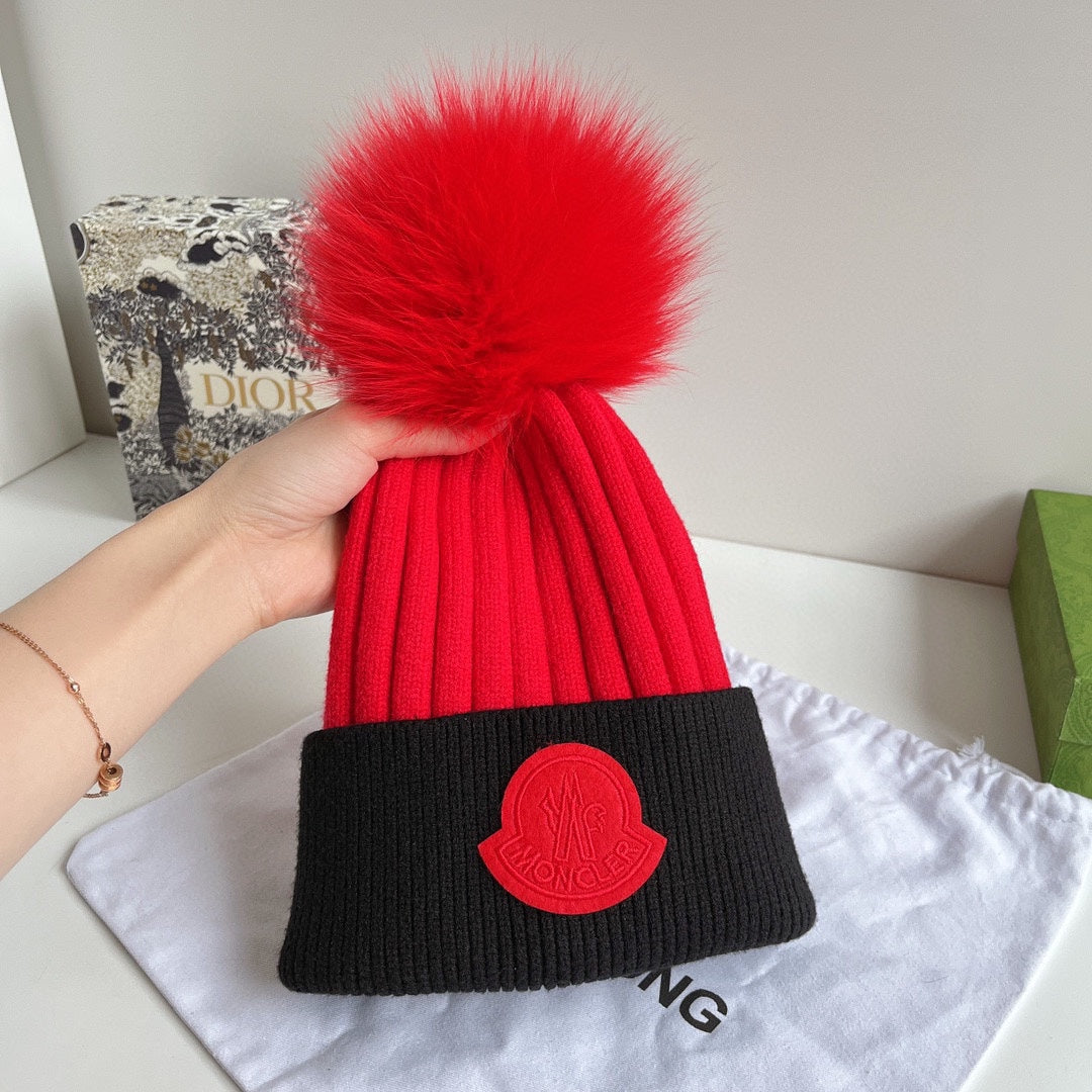 Moncler-狐狸毛球毛帽 紅色