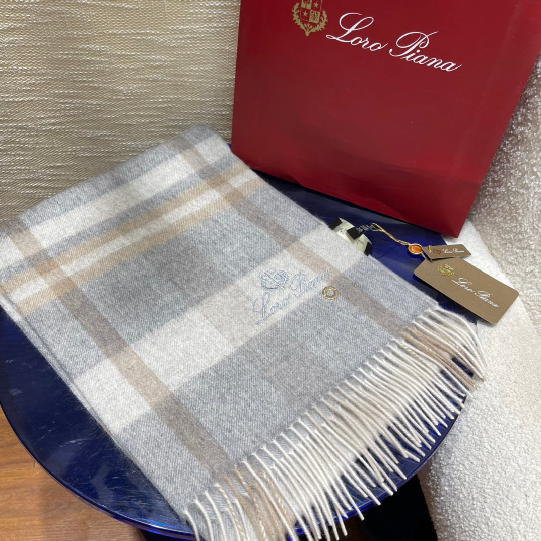 L-Piana-格子圍巾 30*168cm 100%羊絨 灰色