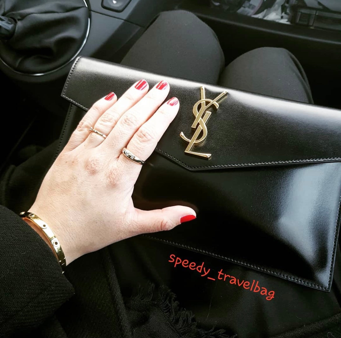 YSL ptown_新品手拿包-黑光滑皮金釦