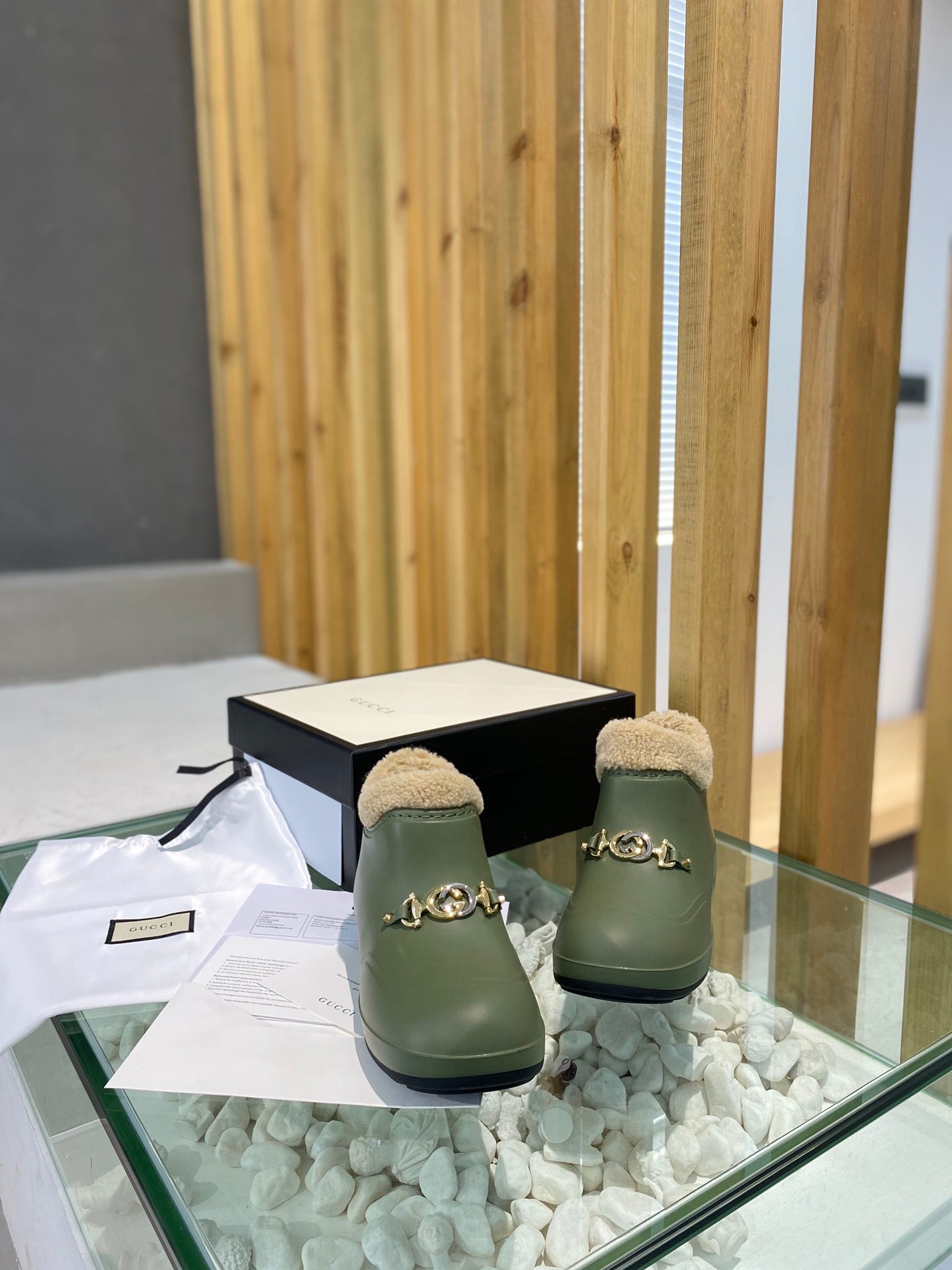 古G家-IP橡膠發泡 毛毛保暖雨靴 軍綠色