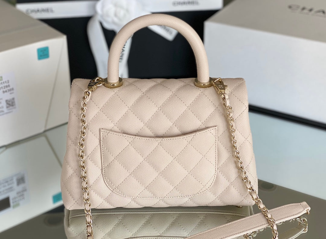 Chanel coco handle CF 小號-米白色牛皮-香檳金扣