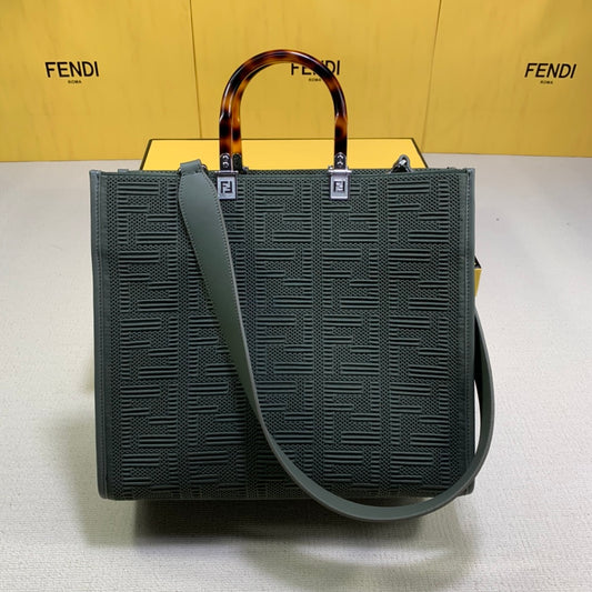 芬F家-Fendi Sunshine-中號灰綠色網眼手提袋