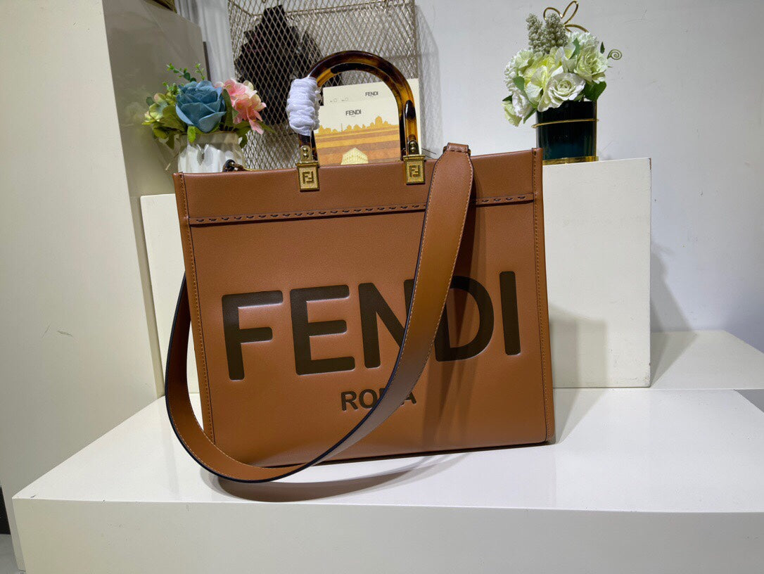 芬F家-Fendi Sunshine-中號棕色牛皮手提袋