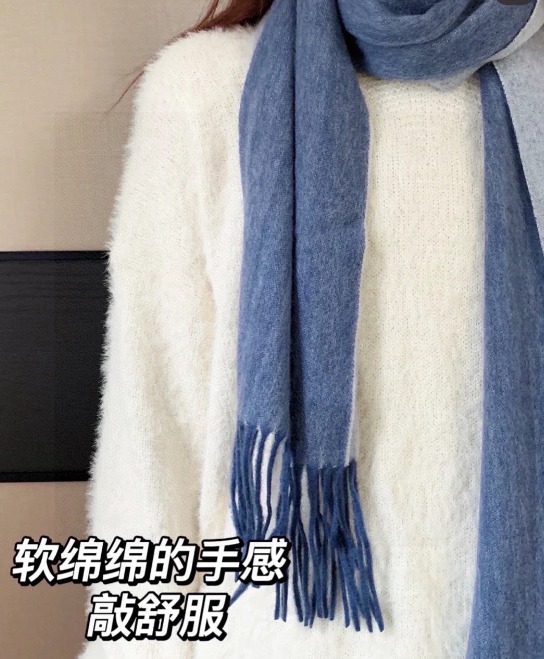 小愛款-雙面羊絨披肩圍巾 210cm 藍色