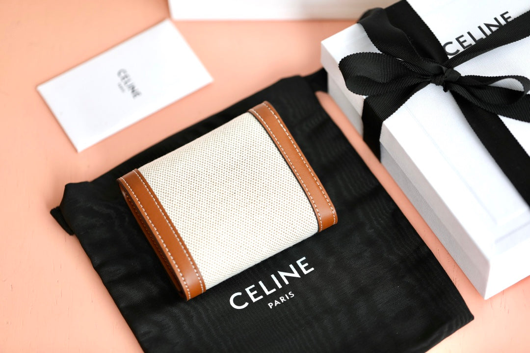 Celine 織物和牛皮革小號翻蓋錢包