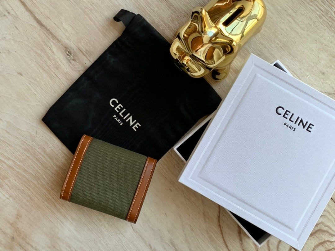 Celine 織物和牛皮革小號翻蓋錢包
