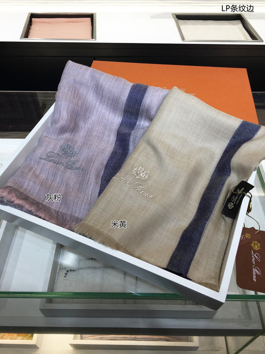 Loro Piana 羊絨條紋邊圍巾-灰粉