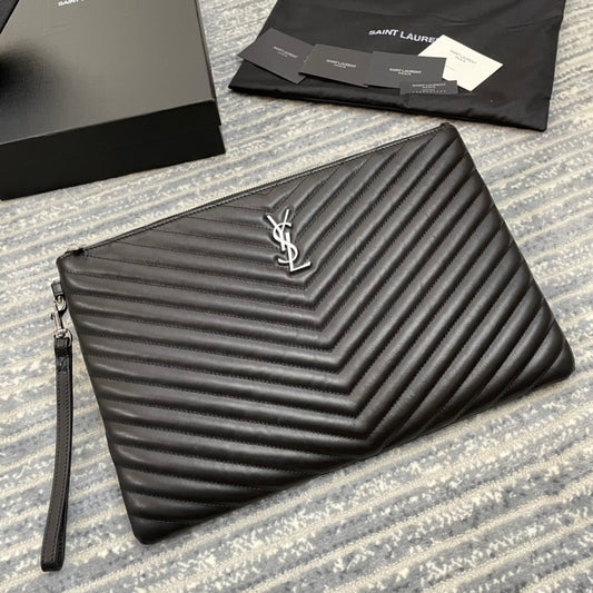YSL MONOGRAM 大號手拿包-黑色小牛皮銀扣-36cm