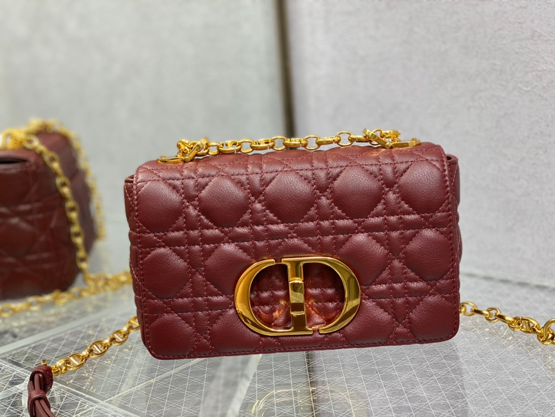 Dior-Caro 菱格紋 小牛皮 小號 酒紅色