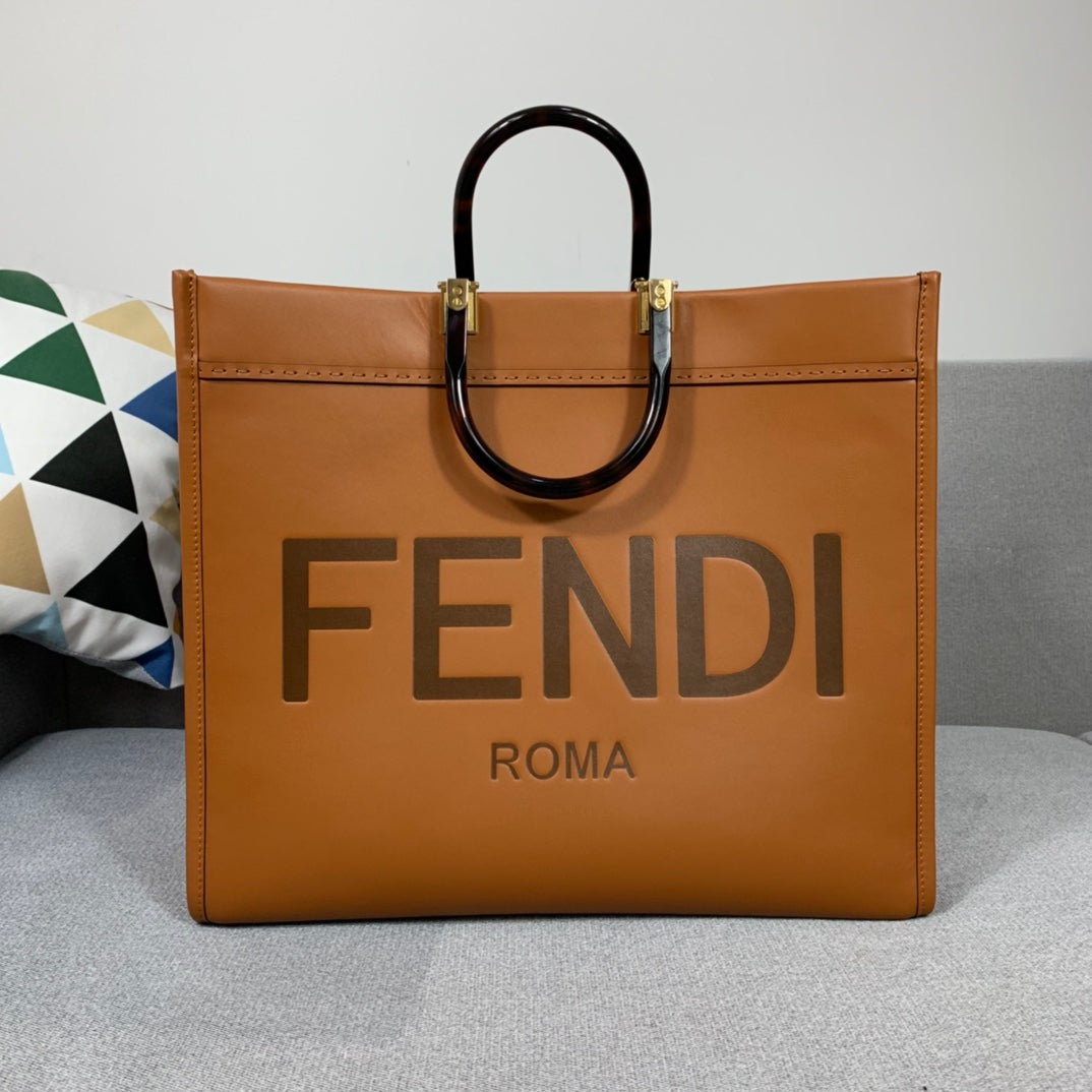 芬F家-Fendi Sunshine-中號焦糖色牛皮手提袋