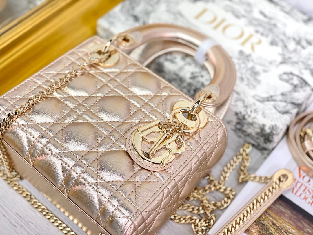 Dior-Mini Lady Dior手袋-三格黛妃-17cm-珠光金金扣