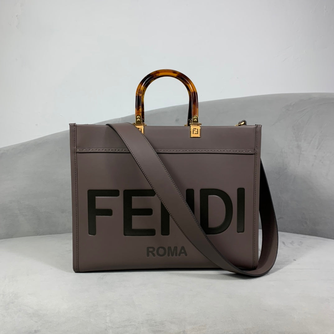 芬F家-Fendi Sunshine-中號褐灰色牛皮手提袋