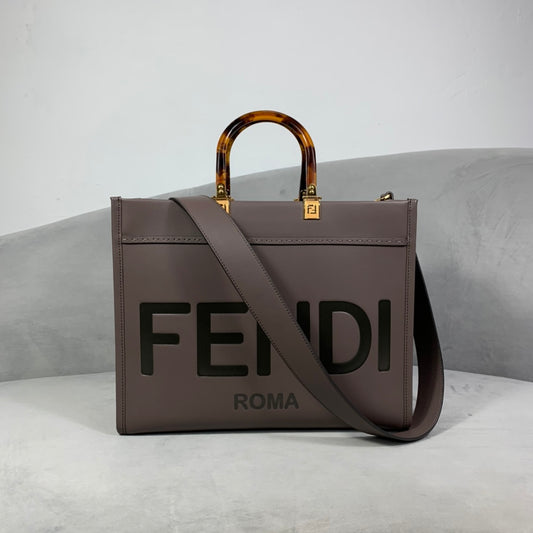 芬F家-Fendi Sunshine-中號褐灰色牛皮手提袋