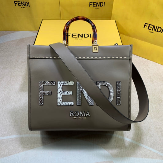 芬F家-Fendi Sunshine-中號灰色印花蛇皮手提袋