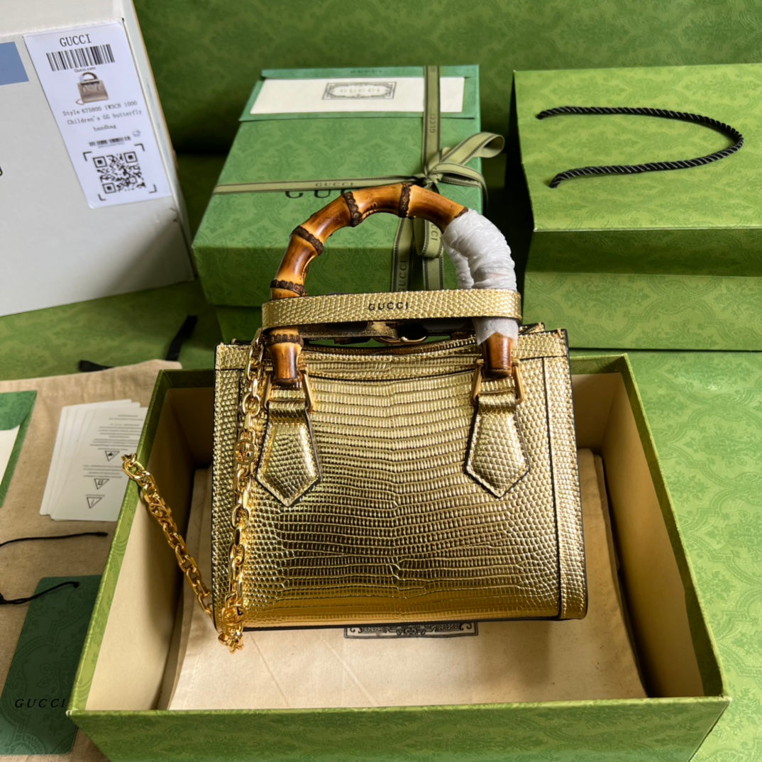 古G家-竹節小號手提包 20x16x10cm 金色蜥蜴紋