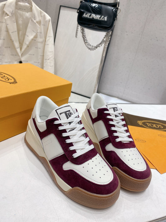 托德T-2023早春系列 休閒鞋 情侶款 咖底酒紅邊