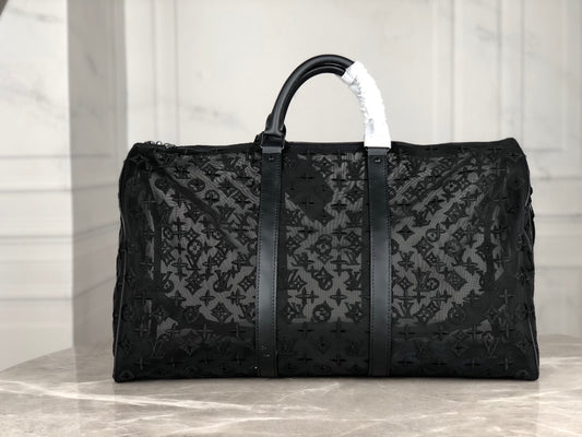 Lou-Keepall 50 旅行袋 老花刺繡圖黑色