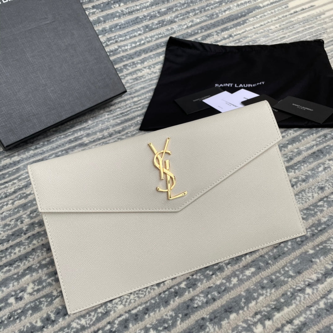 YSL ptown_新品手拿包-白魚子醬皮革金扣