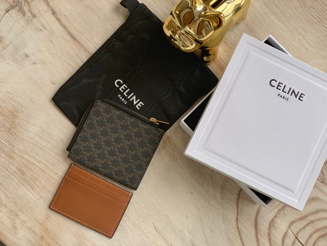 Celine TRIOMPHE人造革拉鍊袋和配可拆卸羊皮革卡包