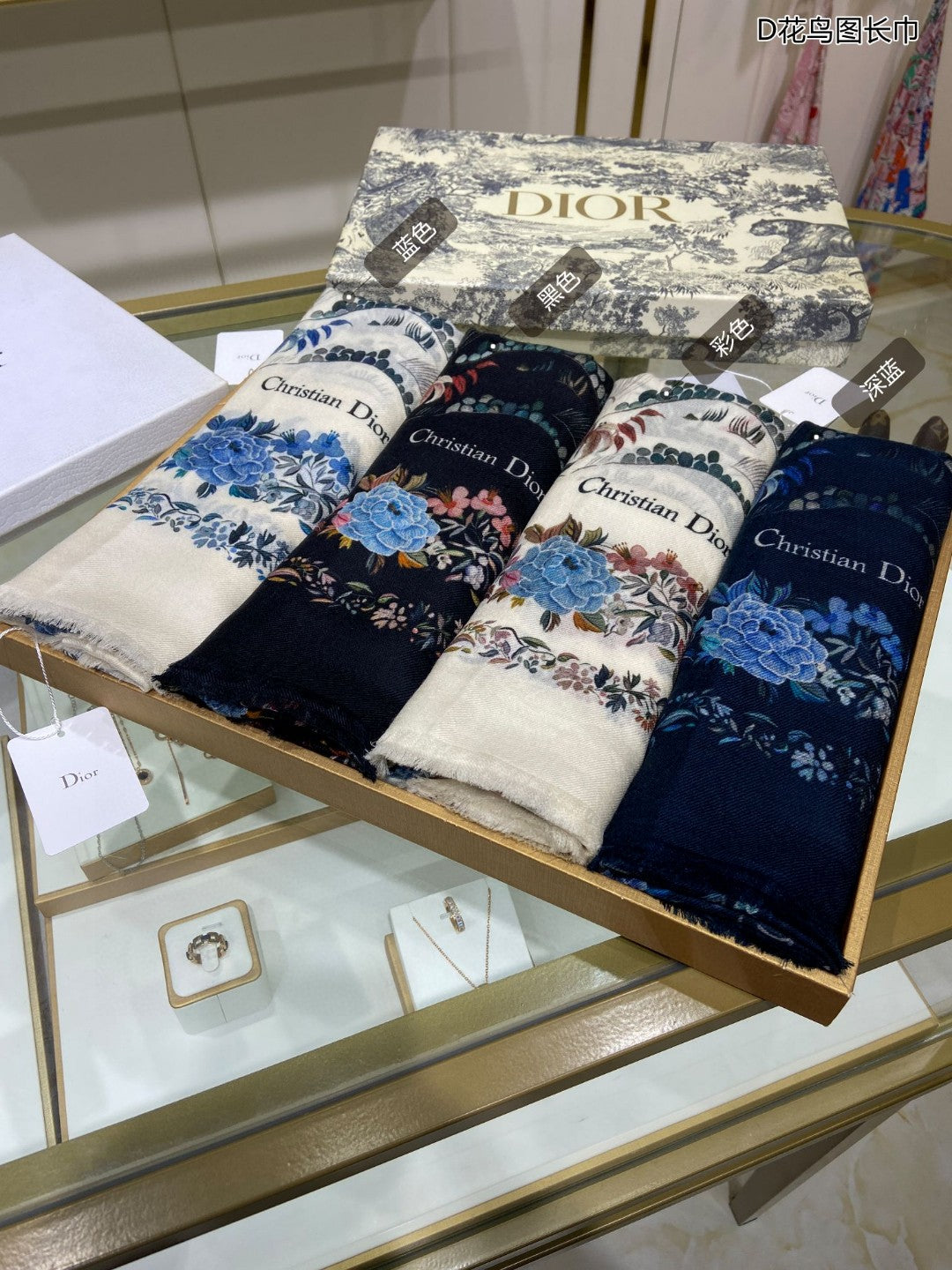 迪D家-花鳥圖長圍巾 110*200cm 100%頂級羊絨 白色