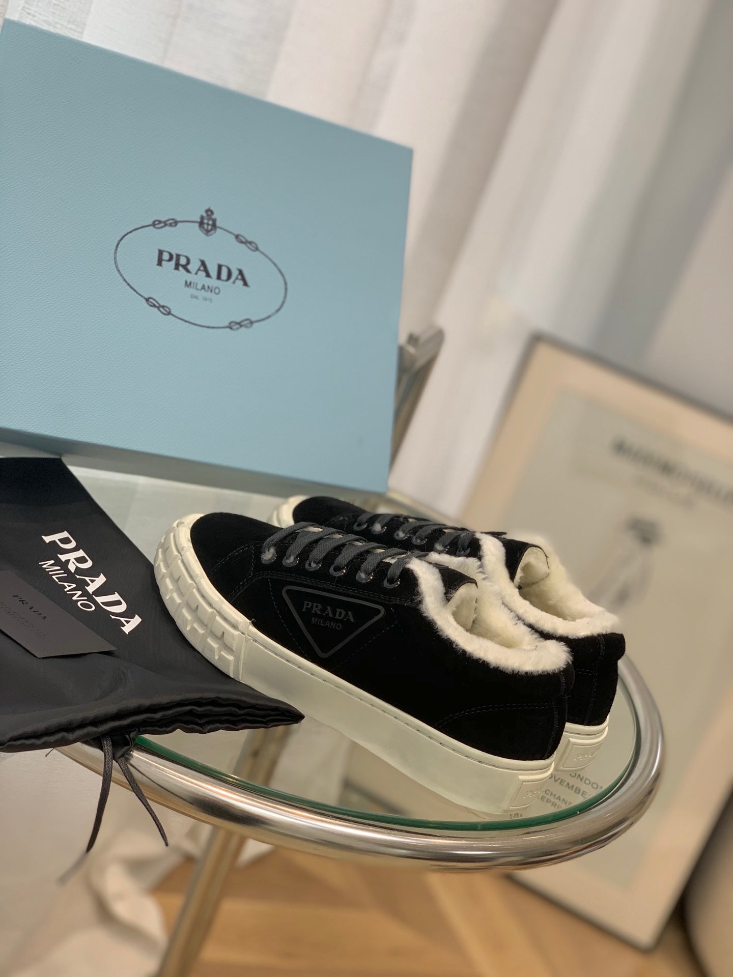 Prada鞋-Prada 厚底 毛毛 餅乾鞋（黑）