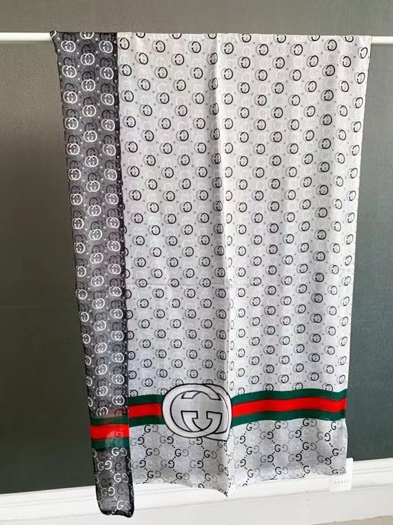 古G家-綢緞面真絲 雙層印花長巾 60*180cm-100%桑蠶絲