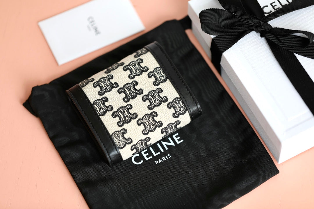 Celine 小號TRIOMPHE刺繡織物錢包-黑色