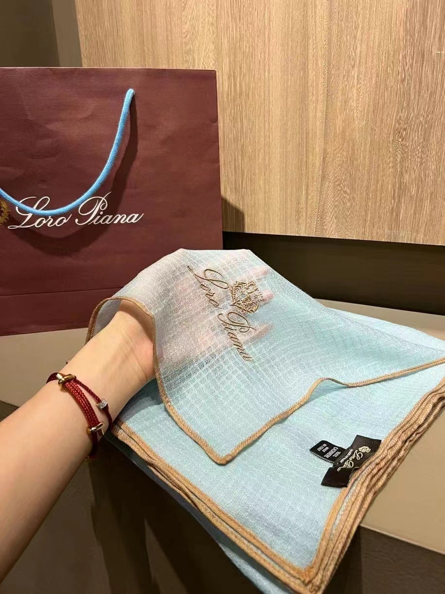 L-Piana 華夫格彩邊水毛刺繡長巾-100%羊絨-90*200cm