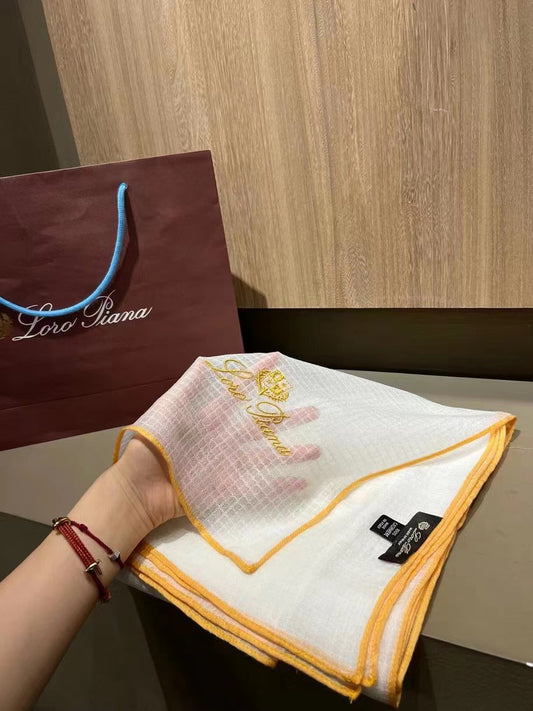 L-Piana 華夫格彩邊水毛刺繡長巾-100%羊絨-90*200cm