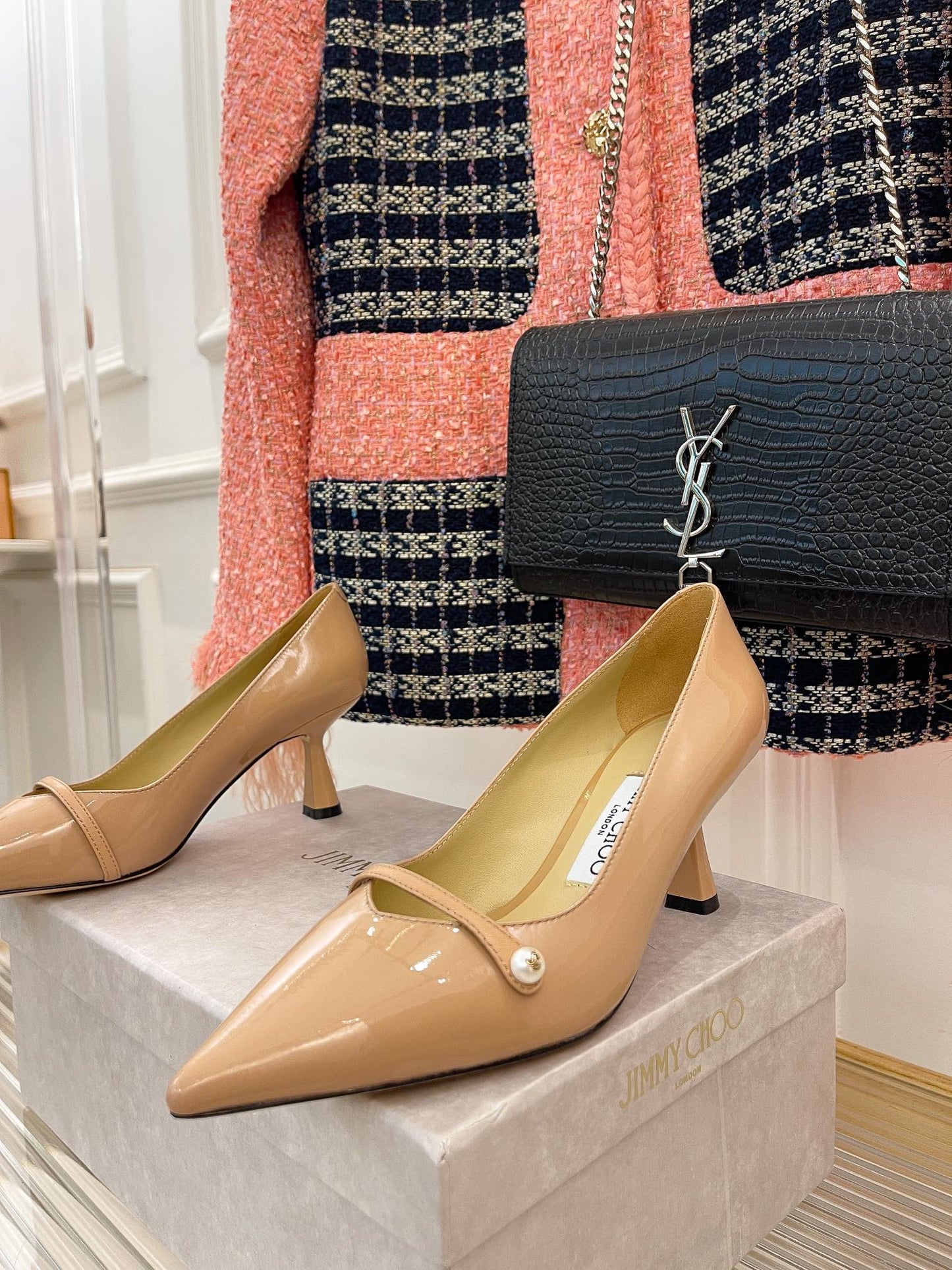 JC傑米-經典珍珠高跟鞋 杏色