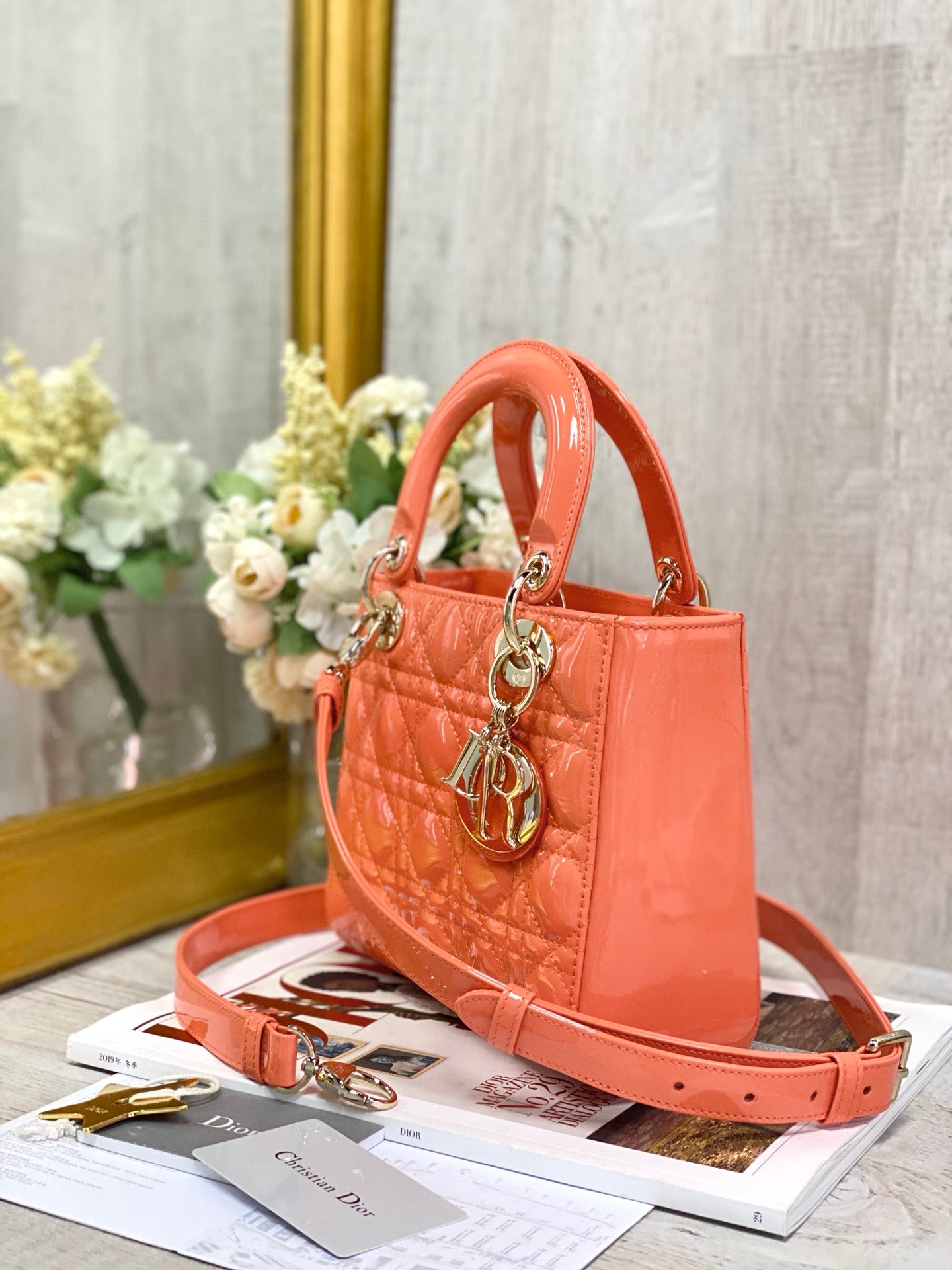 Dior Lady Dior-漆皮金扣-20cm-橙色