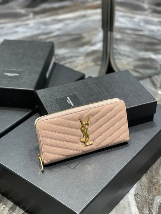 YSL 拉鍊長夾 粉色金扣