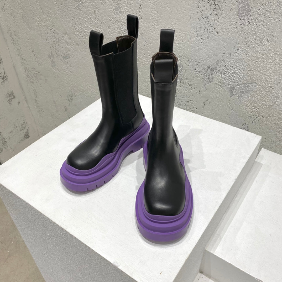 B編織-22SS 英倫復古中筒靴 男女同款 黑色紫底