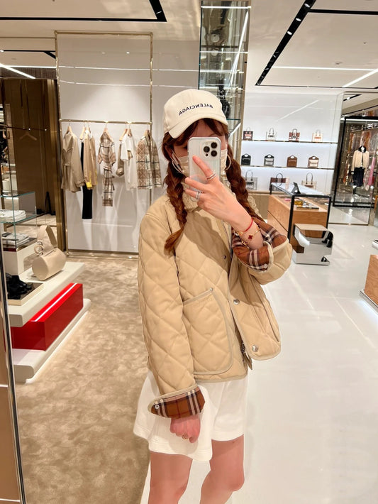 巴B家-秋冬棉服-經典格紋拼接燈芯絨衣領