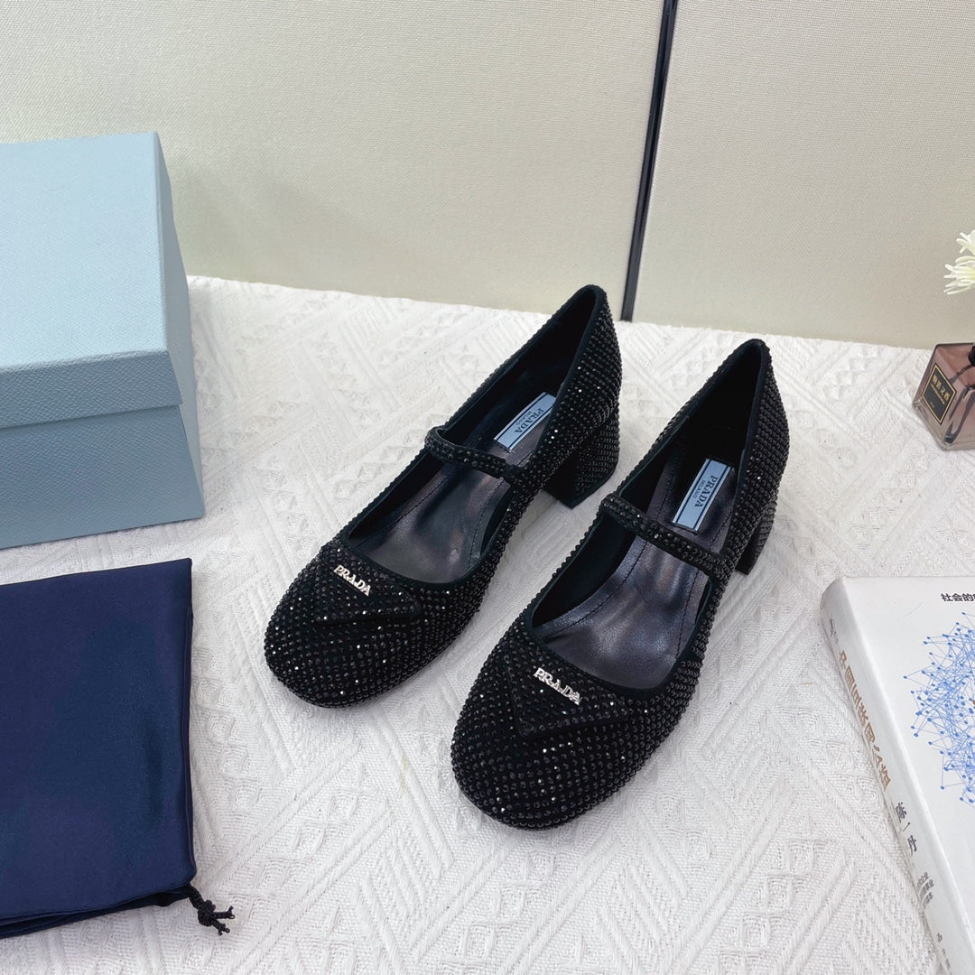 Prada 鞋-Prada 貼鑽低跟 瑪莉珍鞋（黑）