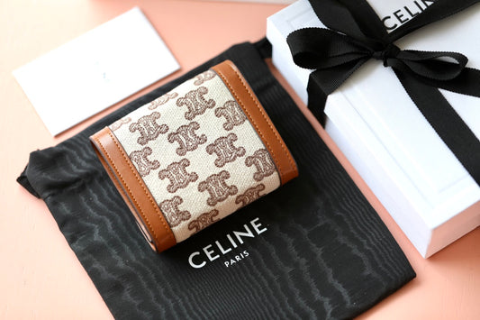 Celine 小號TRIOMPHE刺繡織物錢包-棕色