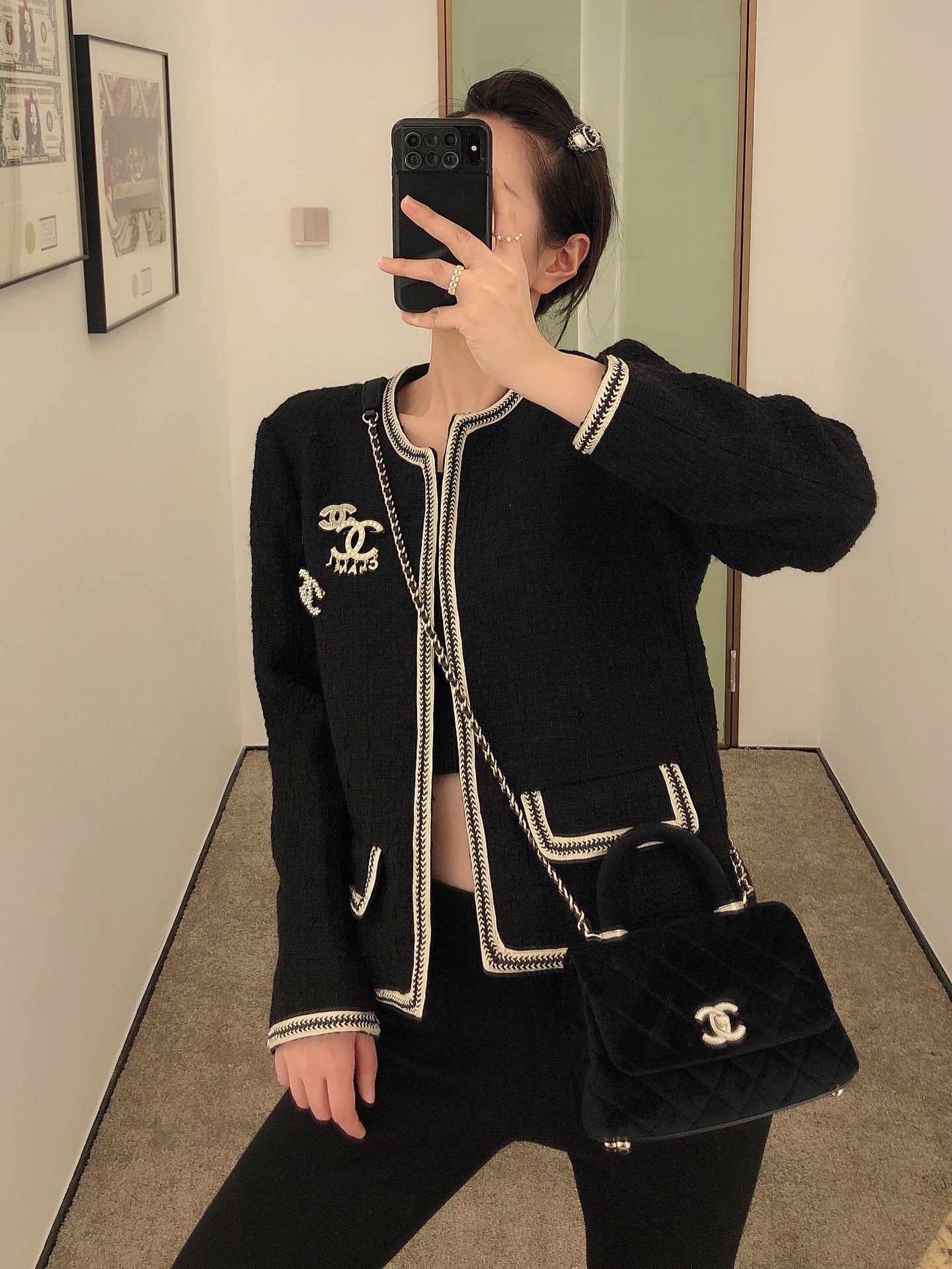 Chanel mini coco handle-黑色絲絨鑽扣