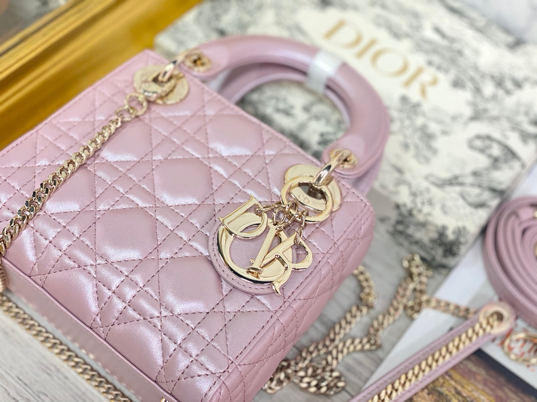 Dior-Mini Lady Dior手袋-三格黛妃-17cm-珠光粉金扣