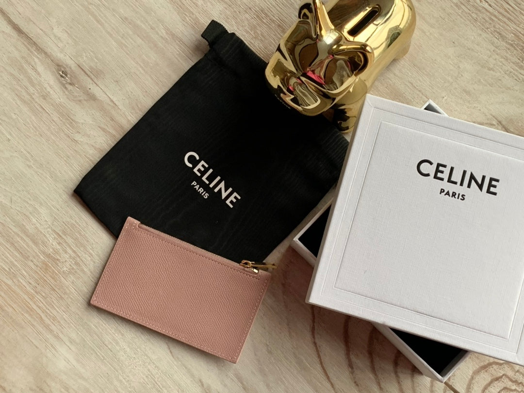 Celine 粒面小牛皮拉鍊卡包-玫瑰粉