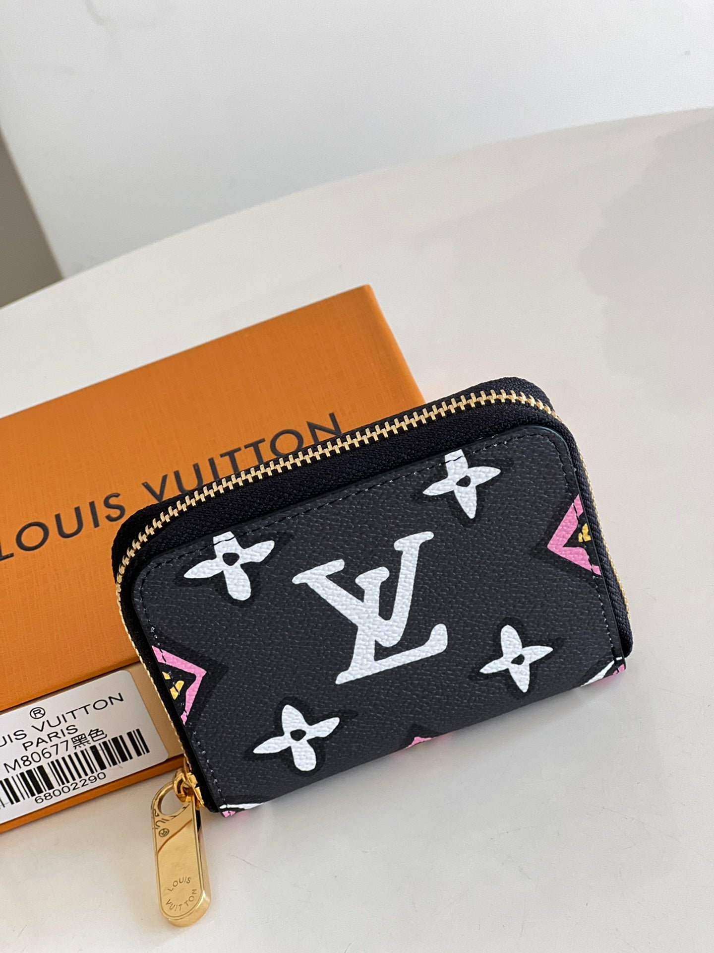 LV M80677 黑色豹紋拉鍊卡包