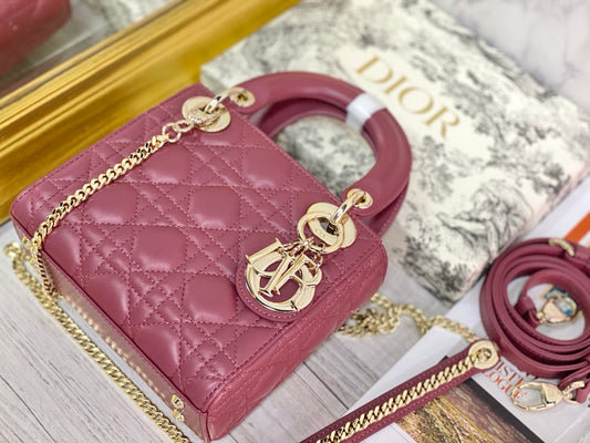 Dior-Mini Lady Dior手袋-三格黛妃-17cm-木槿粉金扣