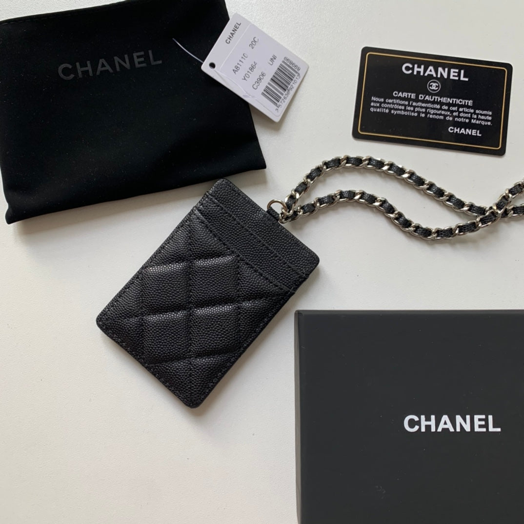 Chanel 證件套-黑色荔枝皮銀扣