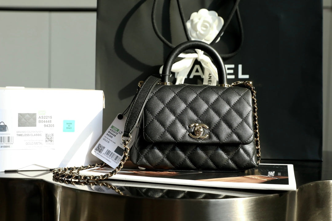 Chanel mini coco handle-黑色球紋牛皮-淡金扣